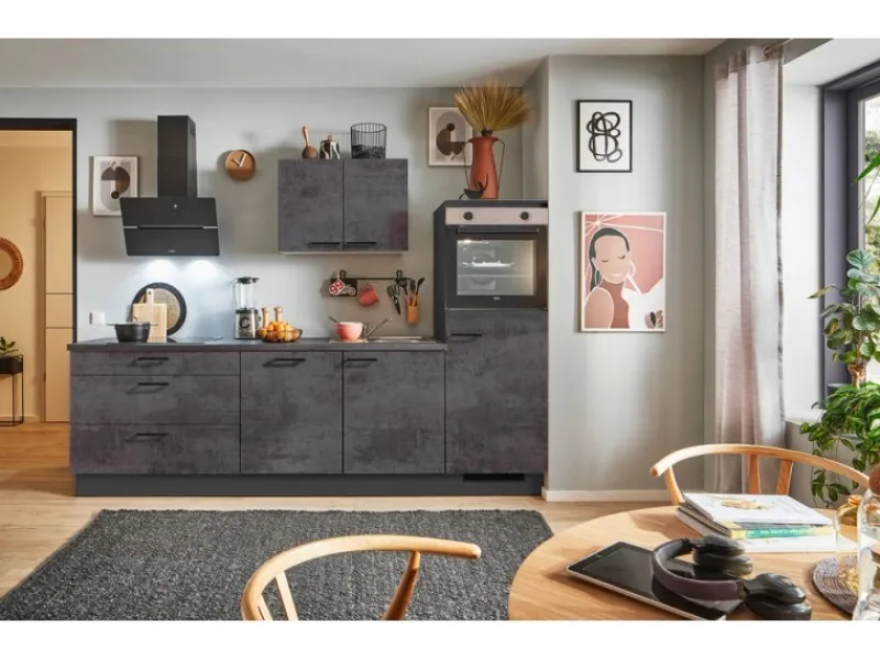 Pino Küchenzeile 280 cm Beton Grafitgrau Anschlag rechts 1 Geräteschrank< Kühlschränke