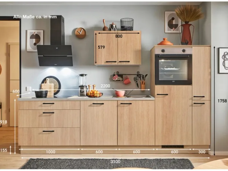 Pino Küchenzeile 310 cm Eiche Aviva Anschlag rechts 1 Geräte-. 1 Seitenschrank< Kochfelder|Kühlschränke