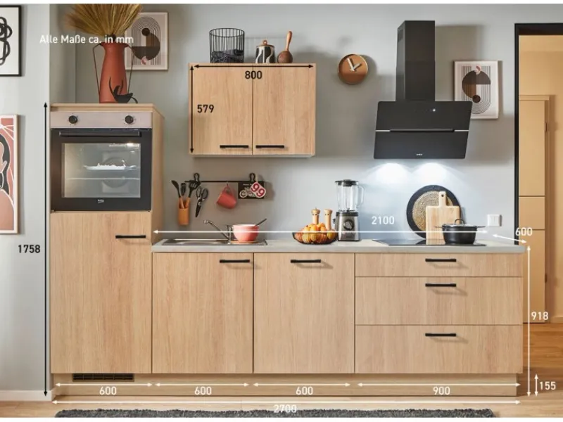 Pino Küchenzeile 270 cm Eiche Aviva Anschlag links 1 Geräteschrank< Kühlschränke