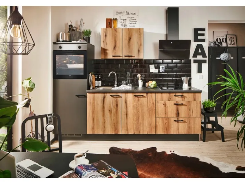 Pino Küchenzeile 260 cm Evoke Eiche Anschlag links 1 Geräteschrank Grafit< Kühlschränke