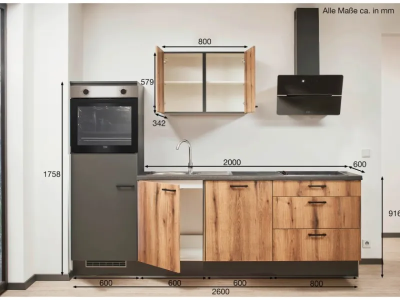 Pino Küchenzeile 260 cm Evoke Eiche Anschlag links 1 Geräteschrank Grafit< Kühlschränke