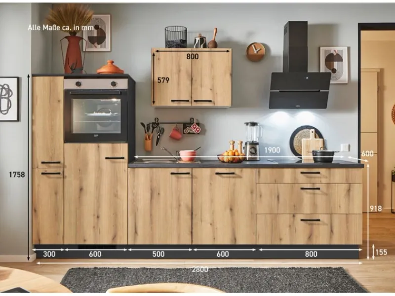 Pino Küchenzeile 280 cm Evoke Eiche Anschlag links 1 Geräte-. 1 Seitenschrank
