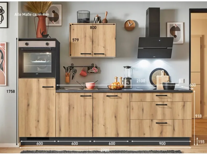 Pino Küchenzeile 270 cm Evoke Eiche Anschlag links 1 Geräteschrank< Kochfelder