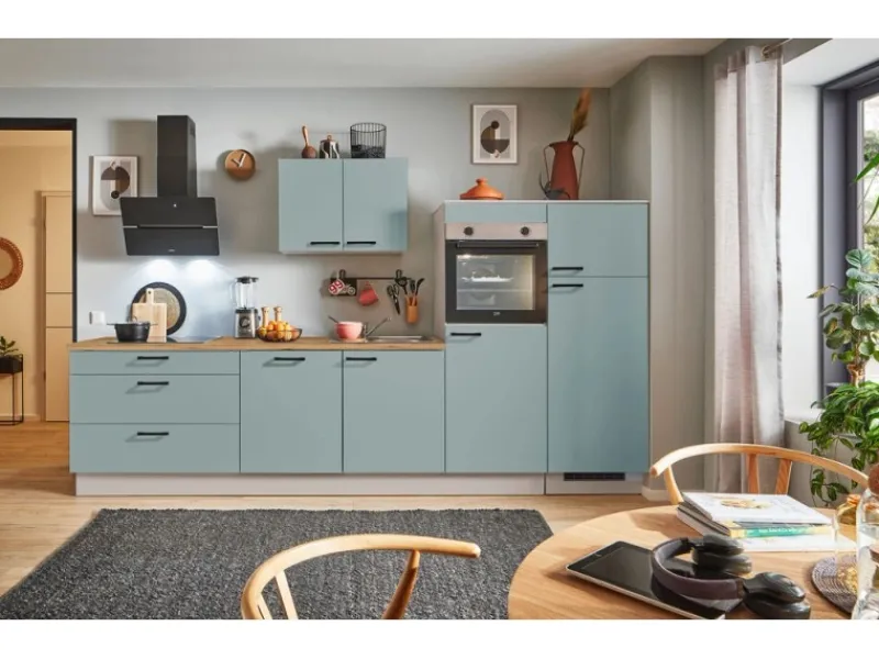 Pino Küchenzeile 320 cm Fjordgrün Anschlag rechts 2 Geräteschränke< Kühlschränke