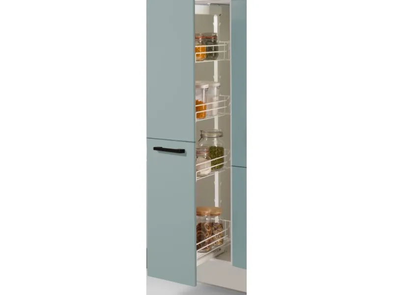 Outlet Pino Küchenzeile 310 cm Fjordgrün Anschlag links 1 Geräte-, 1 Apothekerschrank