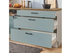 Clearance Pino Küchenzeile 310 cm Fjordgrün Anschlag links 2 Geräteschränke