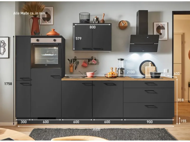 Pino Küchenzeile 300 cm Grafit Anschlag links 1 Geräte-. 1 Seitenschrank< Kühlschränke