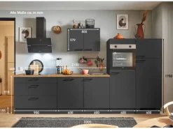 Pino Kühlschränke<Küchenzeile 330 cm Grafit Anschlag rechts 2 Geräteschränke