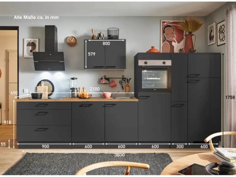 Pino Kühlschränke<Küchenzeile 360 cm Grafit Anschlag rechts 1 Geräte-, 1 Apothekerschrank