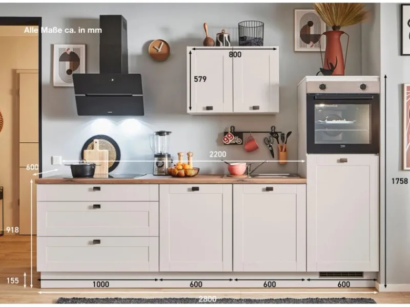 Pino Küchenzeile 280 cm Kaschmirgrau Matt Anschlag rechts 1 Geräteschrank< Kühlschränke