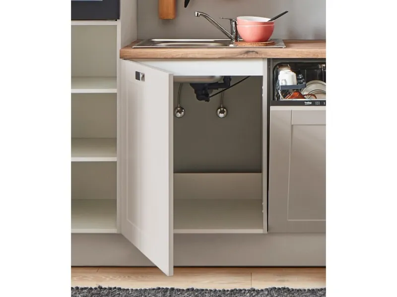 Pino Küchenzeile 280 cm Kaschmirgrau Matt Anschlag rechts 1 Geräteschrank< Kühlschränke