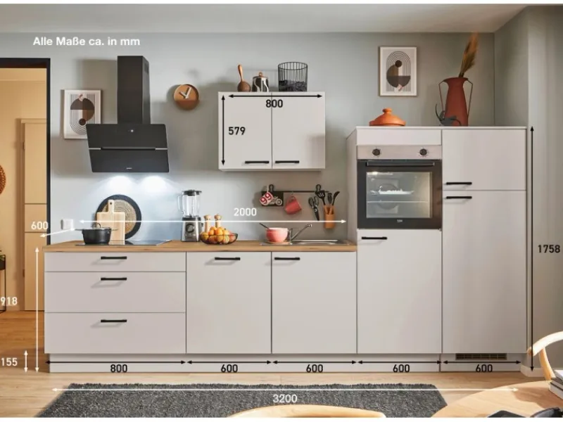 Pino Küchenzeile 320 cm Kaschmirgrau Anschlag rechts 2 Geräteschränke< Kochfelder