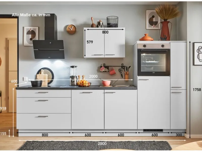 Pino Küchenzeile 290 cm Lichtgrau Anschlag rechts 1 Geräte-. 1 Seitenschrank< Kühlschränke