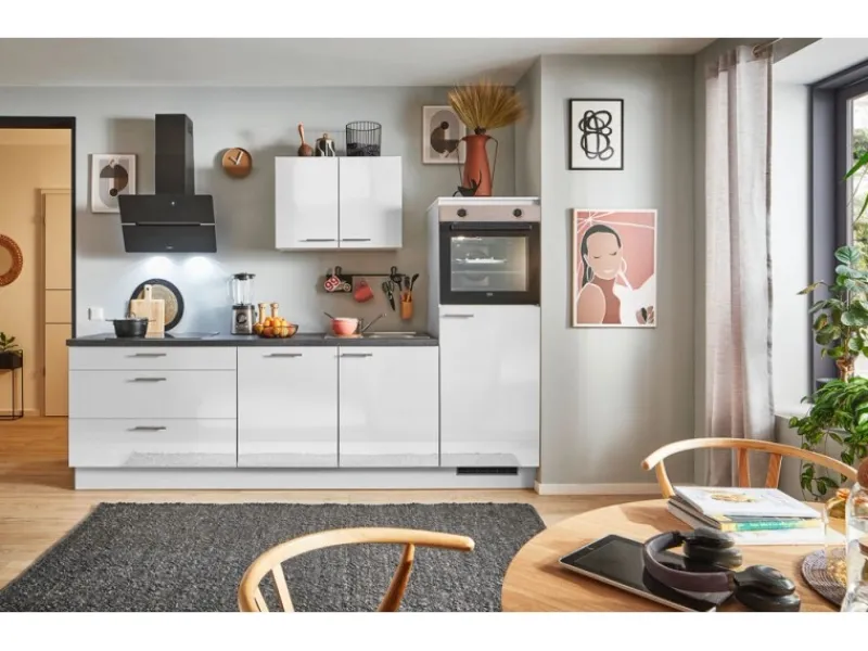 Pino Küchenzeile 280 cm Lichtgrau Hochglanz Anschlag rechts 1 Geräteschrank< Kühlschränke