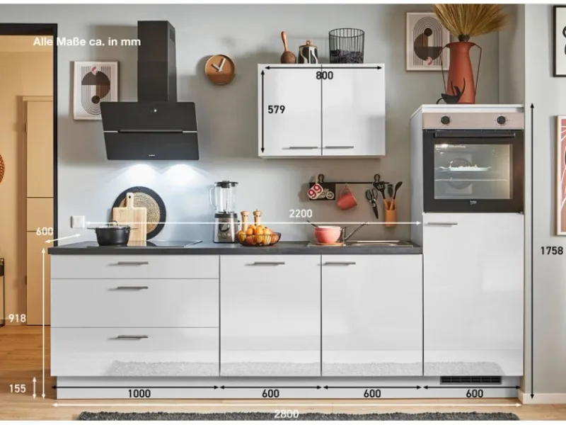 Pino Küchenzeile 280 cm Lichtgrau Hochglanz Anschlag rechts 1 Geräteschrank< Kühlschränke