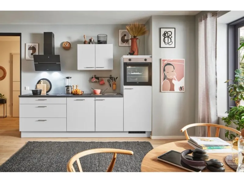 Pino Kochfelder|Kühlschränke<Küchenzeile 280 cm Lichtgrau Anschlag rechts 1 Geräteschrank