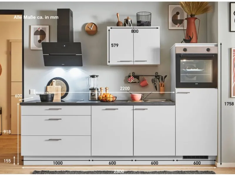 Pino Kochfelder|Kühlschränke<Küchenzeile 280 cm Lichtgrau Anschlag rechts 1 Geräteschrank