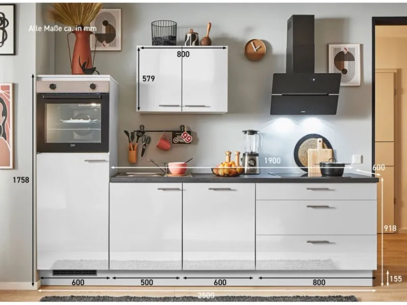 Pino Küchenzeile 250 cm Lichtgrau Hochglanz Anschlag links 1 Geräteschrank< Kühlschränke