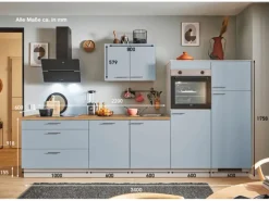 Pino Kühlschränke<Küchenzeile 340 cm Pastellblau Anschlag rechts 2 Geräteschränke