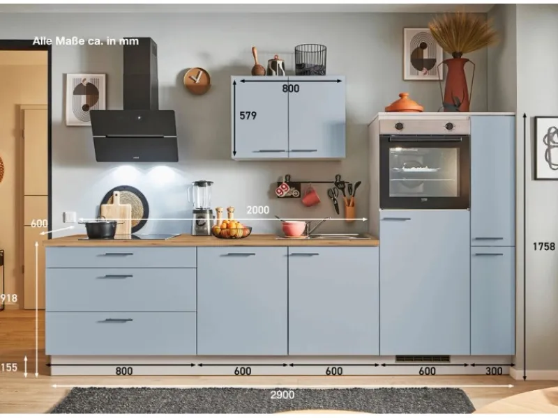Pino Küchenzeile 280 cm Pastellblau Anschlag rechts 1 Geräte-. 1 Seitenschrank< Kochfelder