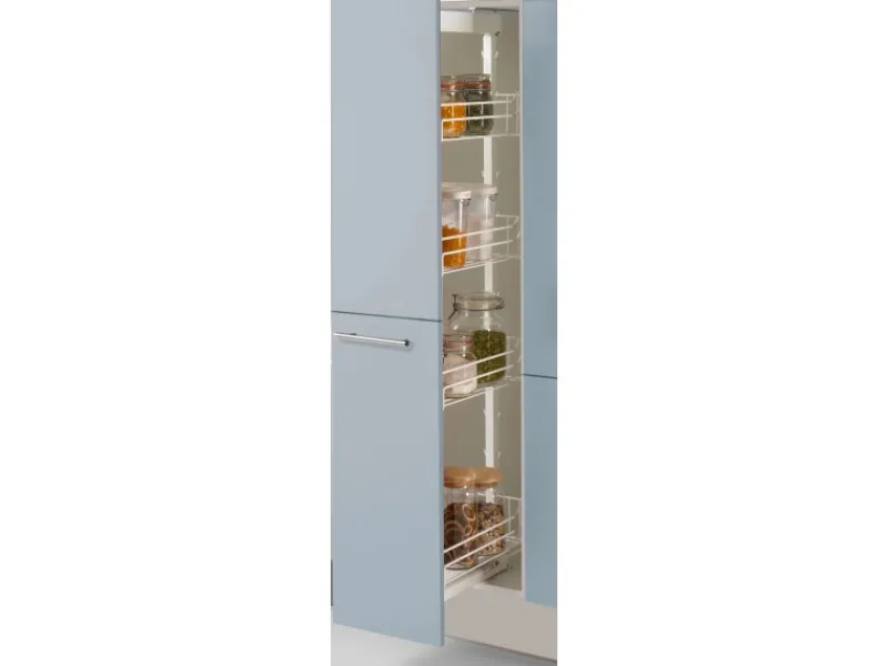 Pino Küchenzeile 280 cm Pastellblau Anschlag rechts 1 Geräte-. 1 Seitenschrank< Kochfelder