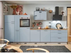 Pino Kochfelder<Küchenzeile 370 cm Pastellblau Anschlag links 1 Geräte-, 1 Apothekerschrank