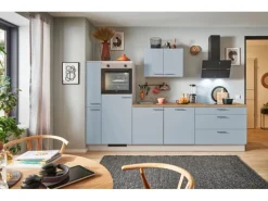 Pino Küchenzeile 310 cm Pastellblau Anschlag links 1 Geräte-. 1 Seitenschrank< Kühlschränke