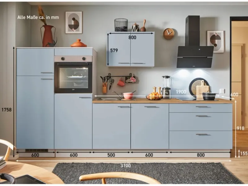 Clearance Pino Küchenzeile 310 cm Pastellblau Anschlag links 2 Geräteschränke