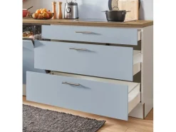 Best Pino Küchenzeile 340 cm Pastellblau Anschlag links 2 Geräteschränke