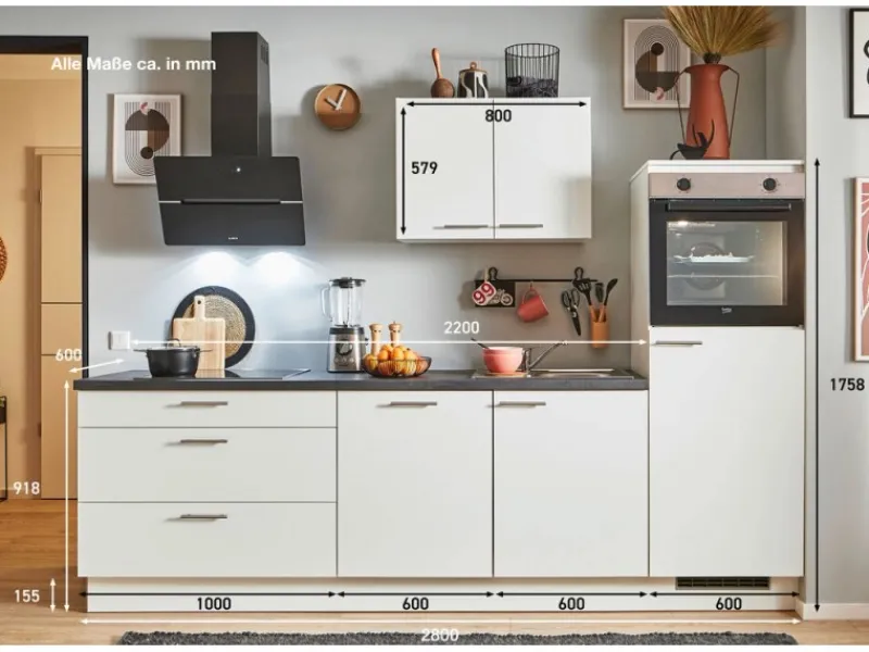 Pino Küchenzeile 280 cm Weiß Anschlag rechts 1 Geräteschrank