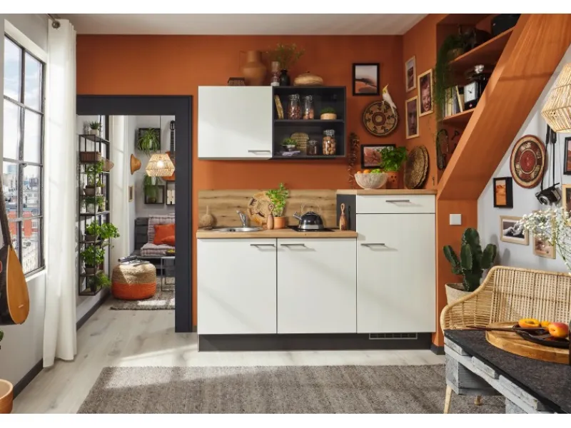 Pino Kochfelder<Küchenzeile 180 cm Weiß Anschlag rechts 1 Geräteschrank