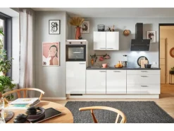 Pino Küchenzeile 270 cm Weiß Hochglanz Anschlag links 1 Geräteschrank< Kühlschränke