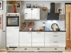 Pino Küchenzeile 270 cm Weiß Hochglanz Anschlag links 1 Geräteschrank< Kühlschränke