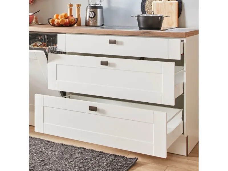 Pino Küchenzeile 280 cm Weiß matt Anschlag rechts 1 Geräteschrank< Kühlschränke