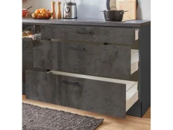 Pino Winkelküchen<Küchenzeile 370cm Beton Grafitgrau Anschlag L 1 Geräte-, 1 Apothekerschrank