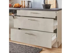 Pino Winkelküchen<Küchenzeile 310cm Beton Weißgrau Anschlag L 1 Geräte-, 1 Apothekerschrank