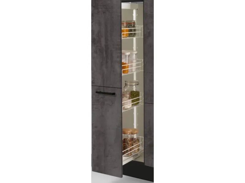 Outlet Pino Küchenzeile 310cm Beton Grafitgrau Anschlag L 1 Geräte-, 1 Apothekerschrank