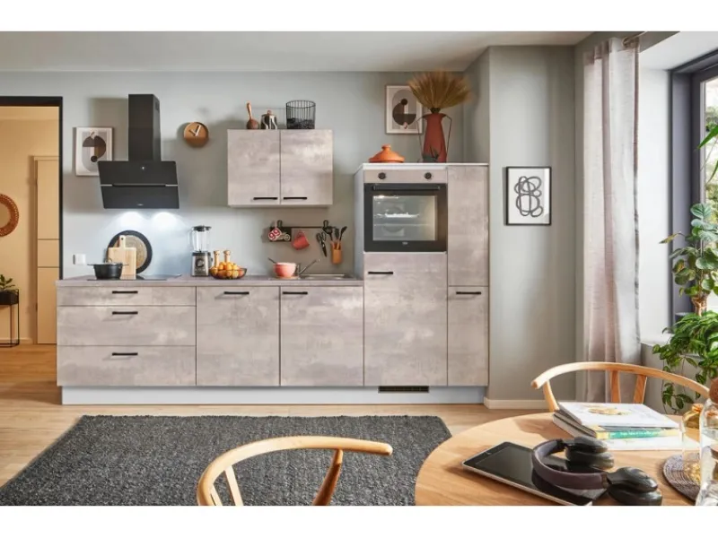 New Pino Küchenzeile 280cm Beton Perlgrau Anschlag R 1 Geräte-, 1 Apothekerschrank