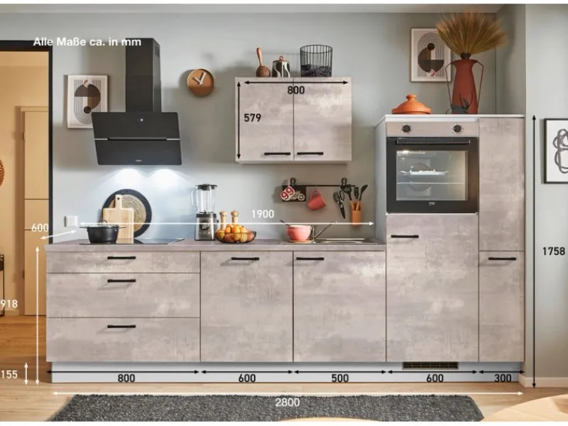 New Pino Küchenzeile 280cm Beton Perlgrau Anschlag R 1 Geräte-, 1 Apothekerschrank