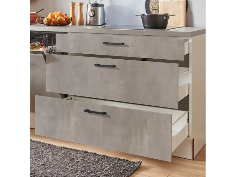 New Pino Küchenzeile 280cm Beton Perlgrau Anschlag R 1 Geräte-, 1 Apothekerschrank