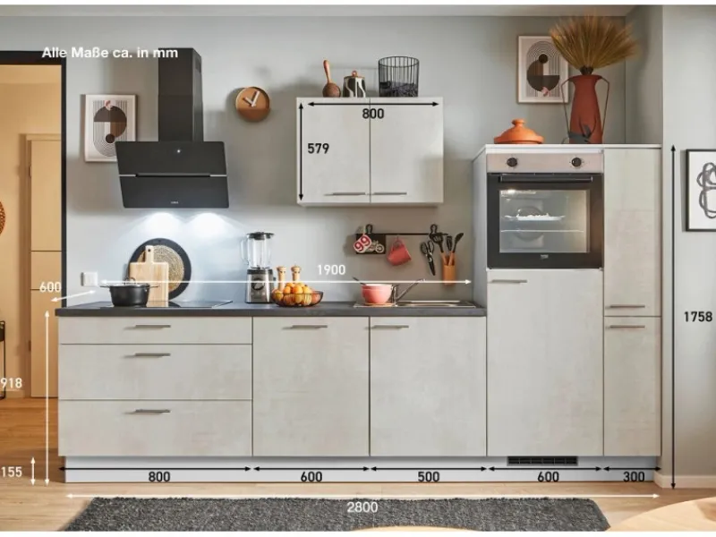 Pino Küchenzeile 290cm Beton Weißgrau Anschlag rechts 1 Geräte-. 1 Seitenschrank< Kühlschränke