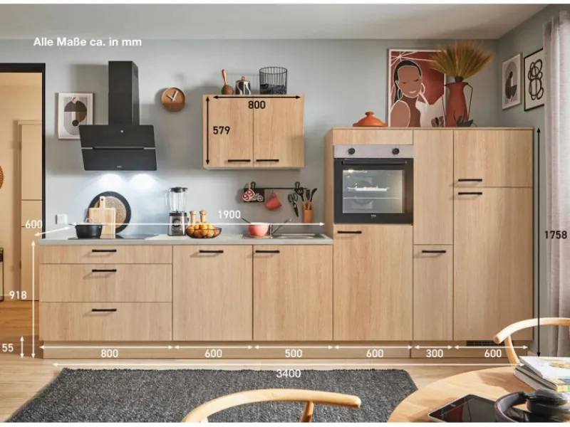 Sale Pino Küchenzeile 340cm Eiche Aviva Anschlag rechts 1 Geräte-, 1 Apothekerschrank