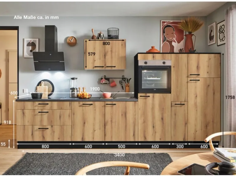 Pino Kühlschränke<Küchenzeile 340cm Evoke Eiche Anschlag rechts 1 Geräte-, 1 Apothekerschrank