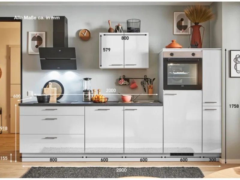 Pino Kochfelder<Küchenzeile 280cm Lichtgrau Hochglanz Anschlag R 1 Geräte-. 1 Seitenschrank