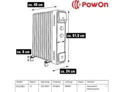 PowOn Ölradiator 1000-2500 Watt 11 Rippen mit Wäschetrockner & Luftbefeuchter< Wäschetrockner