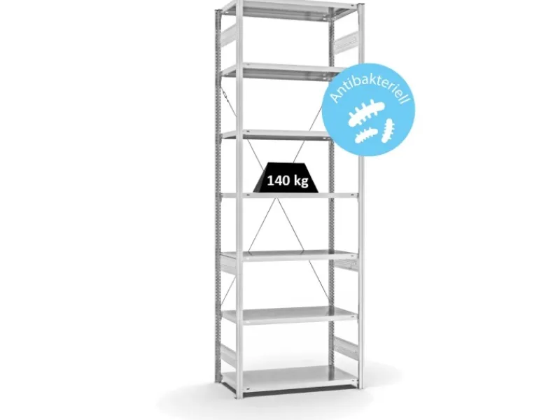 PROREGAL Antibakterielles Fachbodenregal Stecksystem T-Profil HxBxT 300 x 100 x 50 cm 7 Ebenen Traglast 140 kg Antibakterielle Beschichtung Weiß< Küchenregale