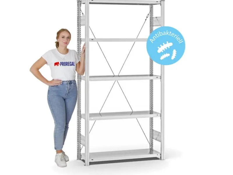 Best PROREGAL Antibakterielles Fachbodenregal Stecksystem T-Profil HxBxT 200 x 100 x 30 cm 5 Ebenen Traglast 150 kg Antibakterielle Beschichtung Weiß