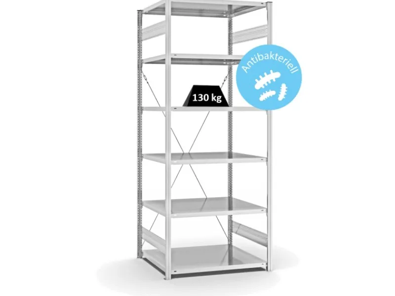 PROREGAL Antibakterielles Fachbodenregal Stecksystem T-Profil HxBxT 250 x 100 x 80 cm 6 Ebenen Traglast 130 kg Antibakterielle Beschichtung Weiß< Küchenregale