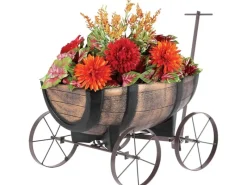 PROREGAL Töpfe<Pflanzenwagen Whiskyfass Maße 41x29x19 cm in Holzoptik auf Rädern für Innen- & Außen, Gartendeko