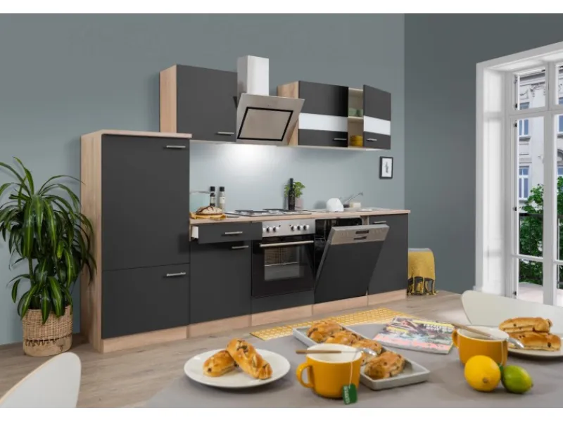 Respekta Economy Küchenzeile KB280ESGS 280 cm -Eiche Sägerau< Herde|Kühlschränke